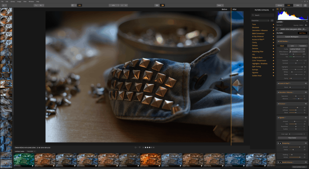 luminar obróbka zdjęcia - przykłady interfejsu i ustawień