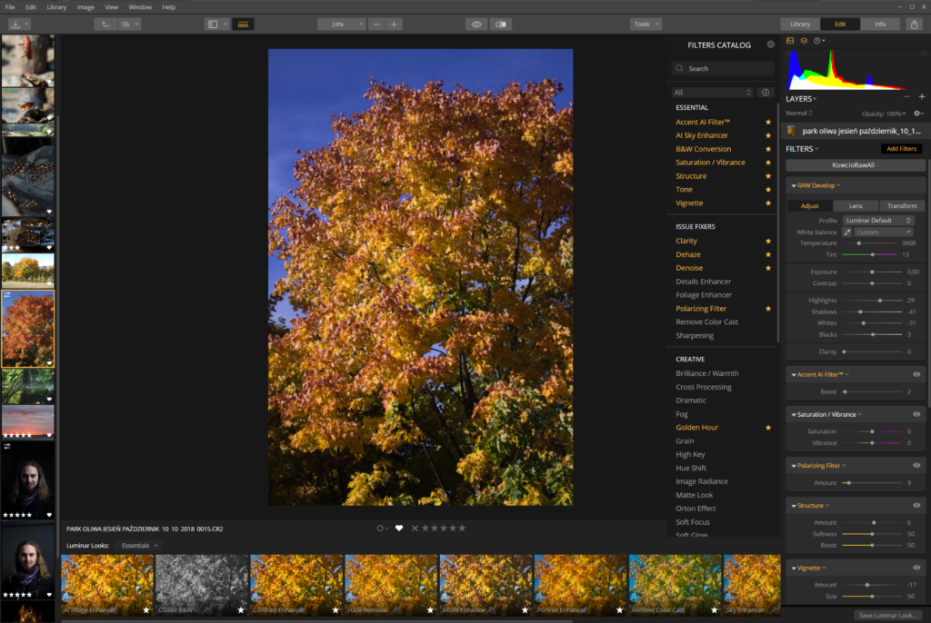luminar zarządzanie zdjęciami lewy interfejs zdjęć