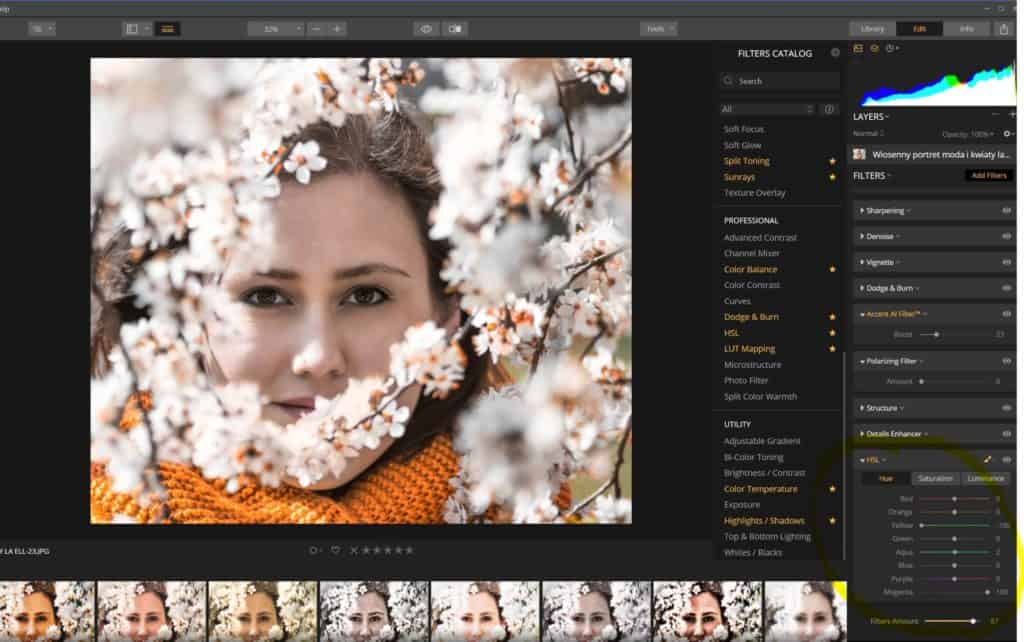 Portret z kolorowym elementem - pomarańcz Luminar 3 koloryzacja zdjęć
