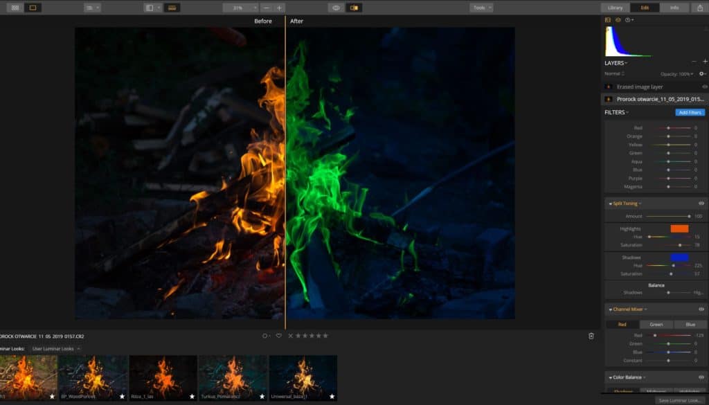 Luminar channel mixer - zielony ogień - wartość kanału czerwonego.