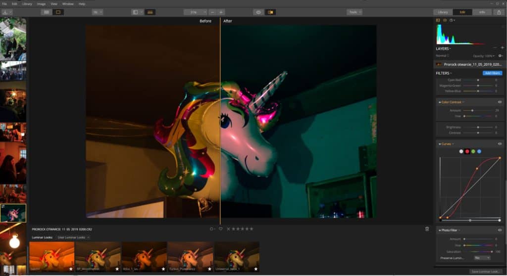 Kolorowanie zdjęć - Luminar filtr color contrast krzywe kanałów RGB