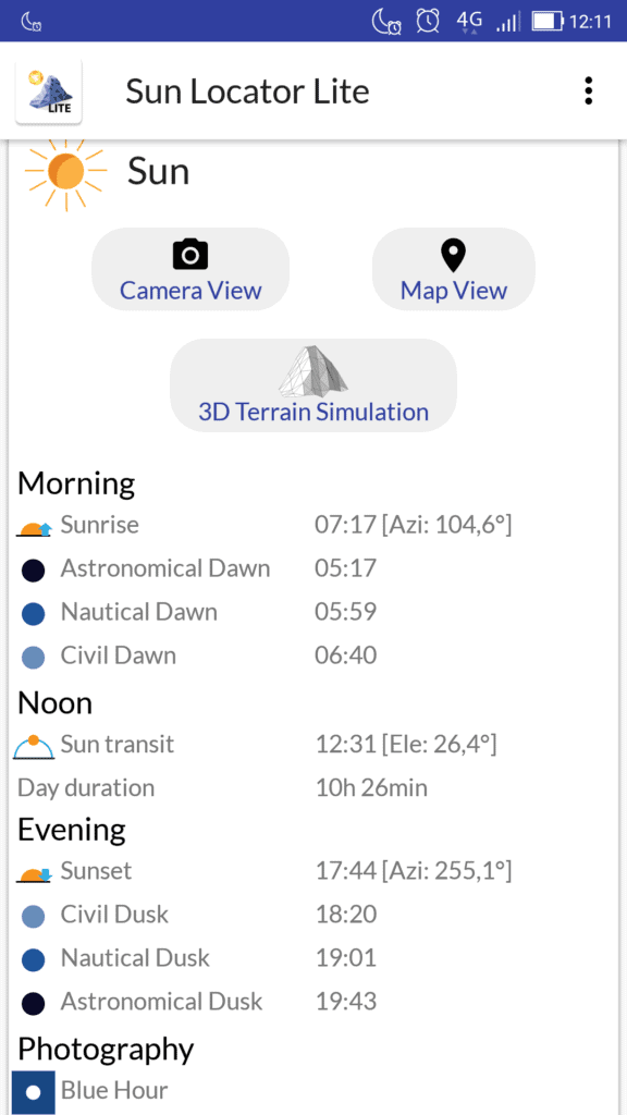 Złota godzina - aplikacje dla fotografa sun locator lite