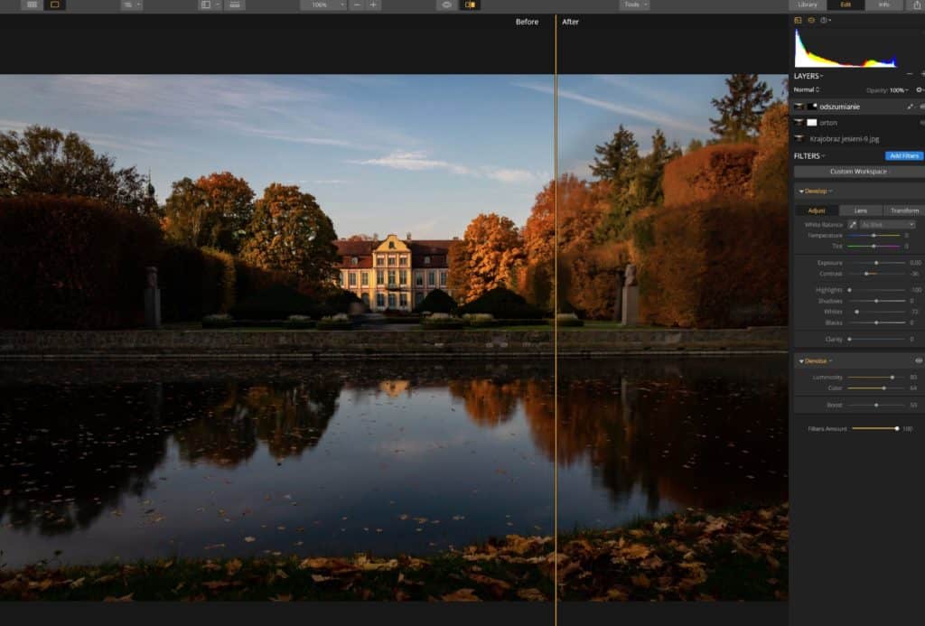 uzyskany przez wartstwę rozmytą przez odszumianie lub contrast