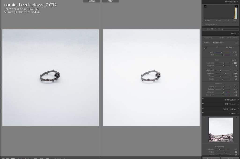 namiot bezcieniowy - przed i po obróbka lightroom / luminar