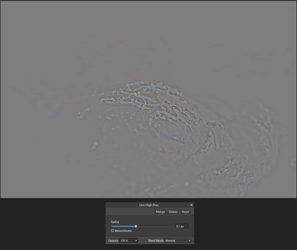 5 sposobów na wyostrzenie zdjęcia- Filtr wysokoprzepustowy - widok elementów jakie będą wyostrzone w kolorze - Affinity Photo
